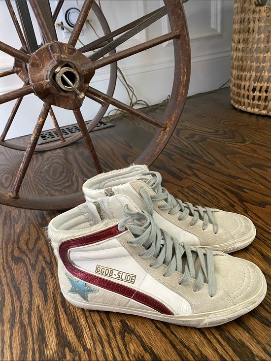 Golden Goose Shoes - Golden Goose White High-Top Sneakers with Red Stripe & Blue Star